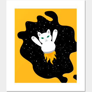 White Rocket Cat Traveling Through Space Posters and Art